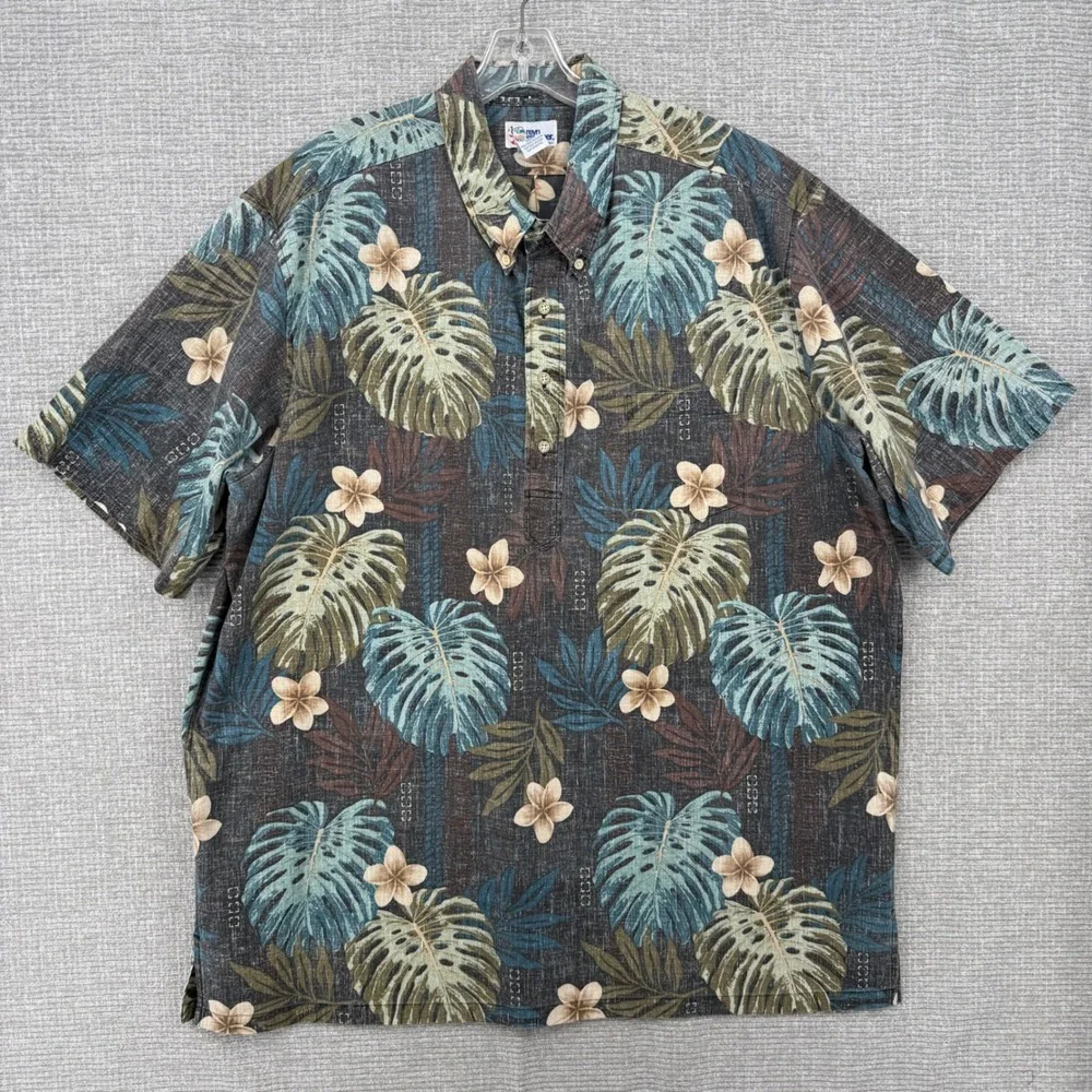 Vtg‎ 90s Reyn Spooner Sz 3XL Hawaiian Popover Orange Tan Blue Monstera Floral